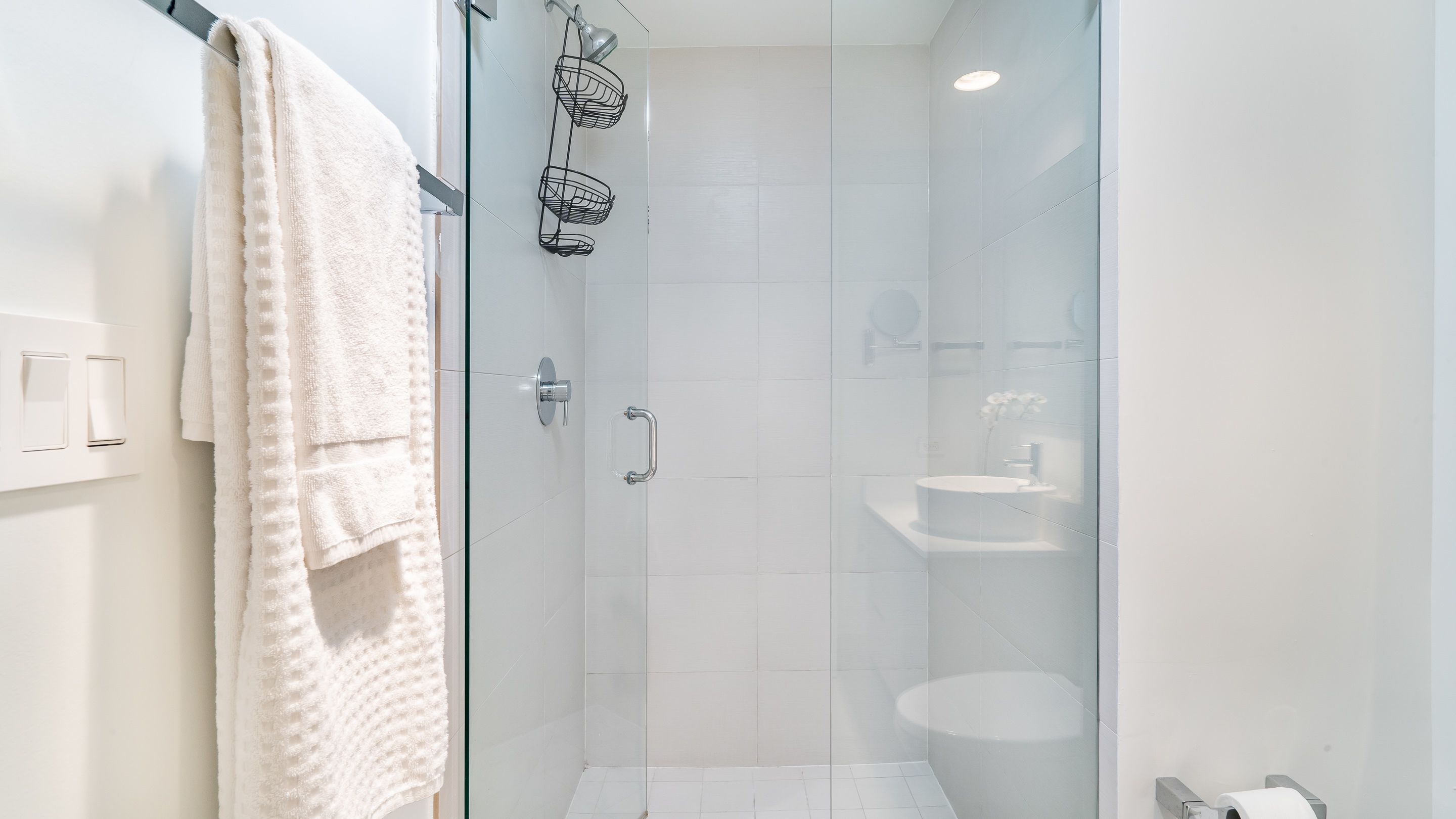 A modern bathroom with a glass shower enclosure, a white sink, and a towel rack.