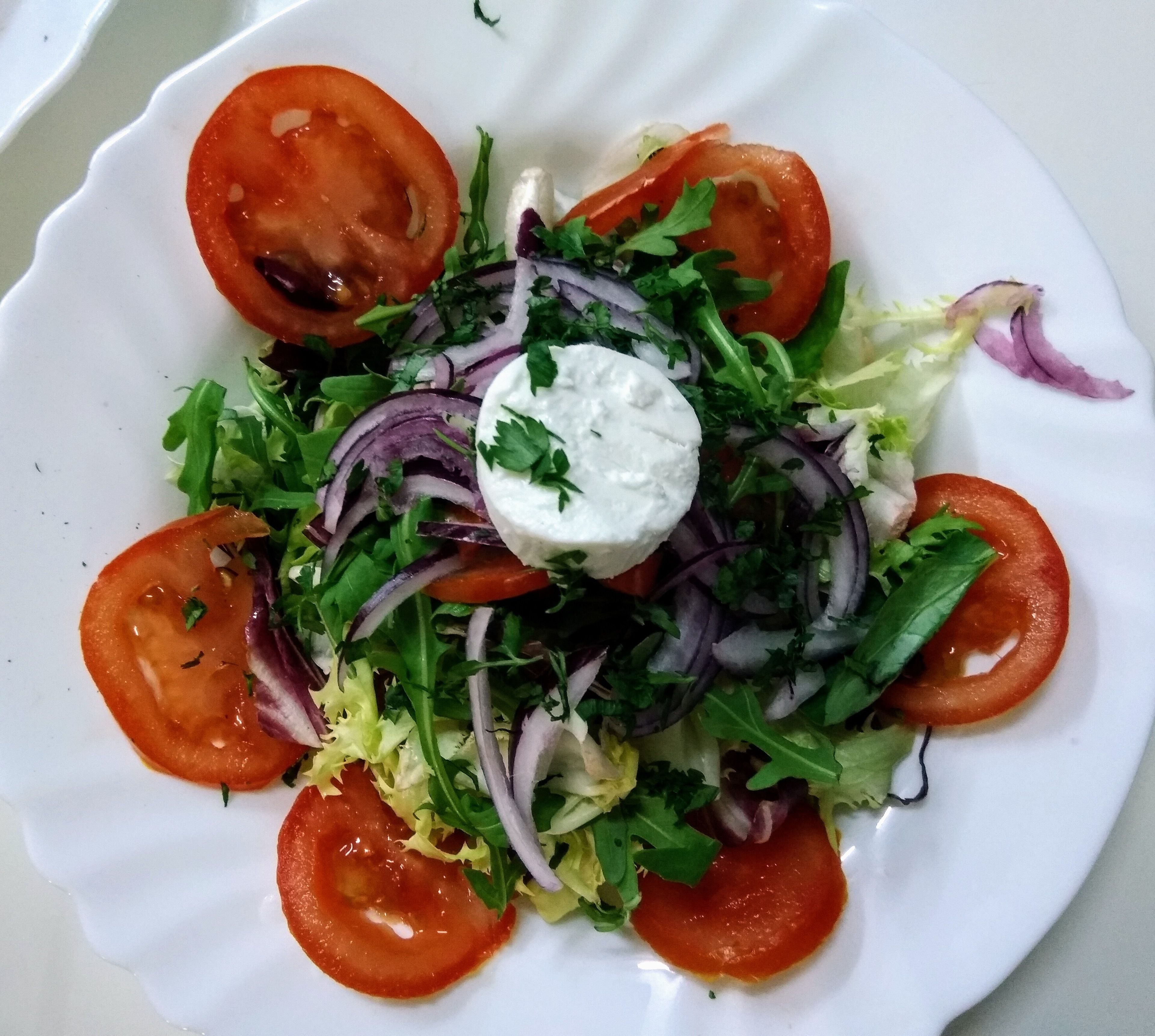 A white plate with a salad consisting of tomatoes, red onions, lettuce, and a dollop of white sauce.