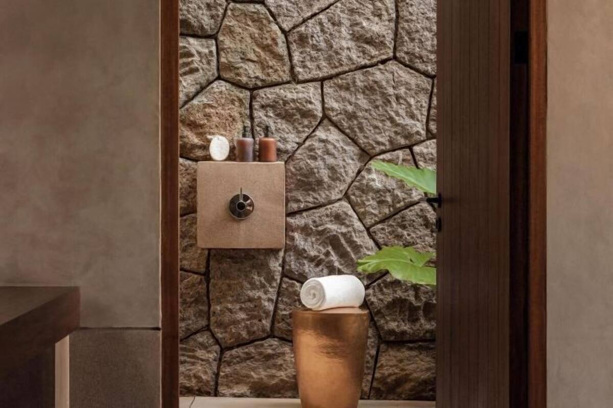 A bathroom with a stone wall, a towel dispenser, and a plant.