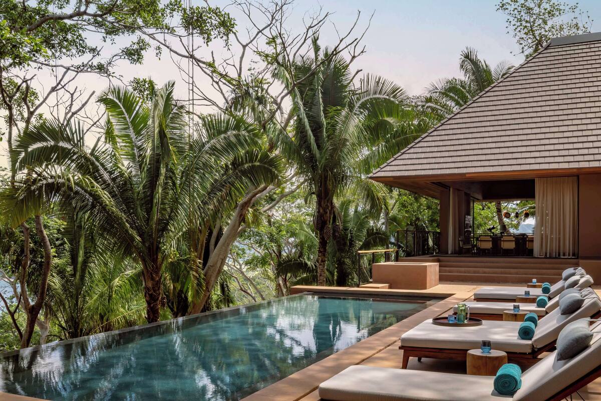 An infinity pool with lounge chairs and a wooden deck, surrounded by lush tropical vegetation.