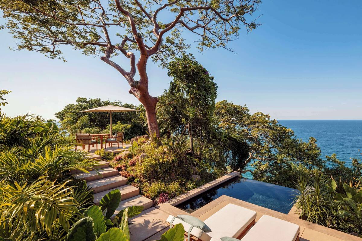 A luxurious outdoor pool area with a view of the sea, surrounded by lush greenery and a large tree.