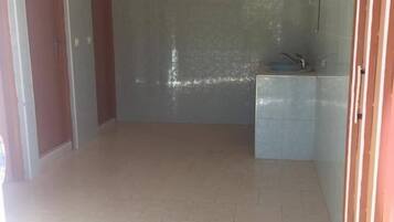 Shower, rainfall showerhead, towels, soap