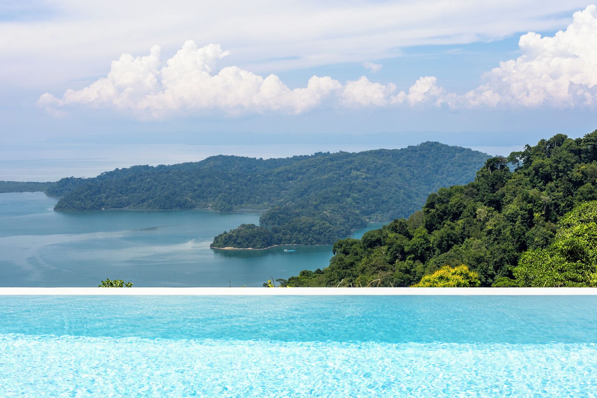 A view of a lush green hillside with a clear blue pool in the foreground.