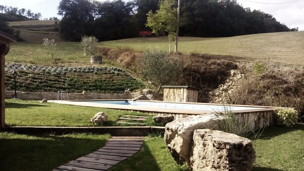 Un jardin avec une piscine, une terrasse en bois et un chemin pavé de pierres.