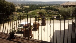 Un balcon offrant une vue sur un paysage rural, avec des champs, des arbres et des montagnes au loin.