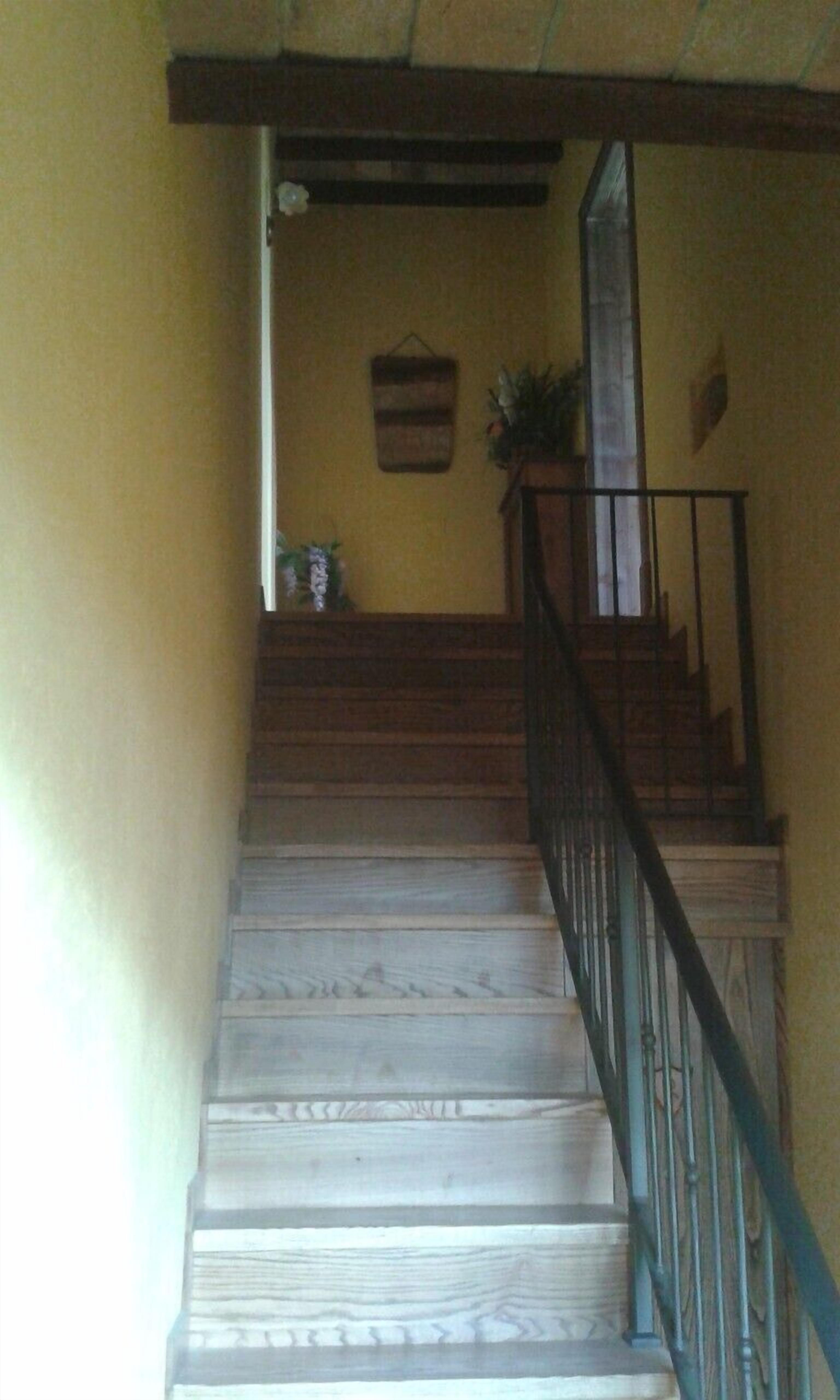 Una escalera de madera con barandilla metálica, que lleva a un rellano con una cesta colgante y una planta en maceta.