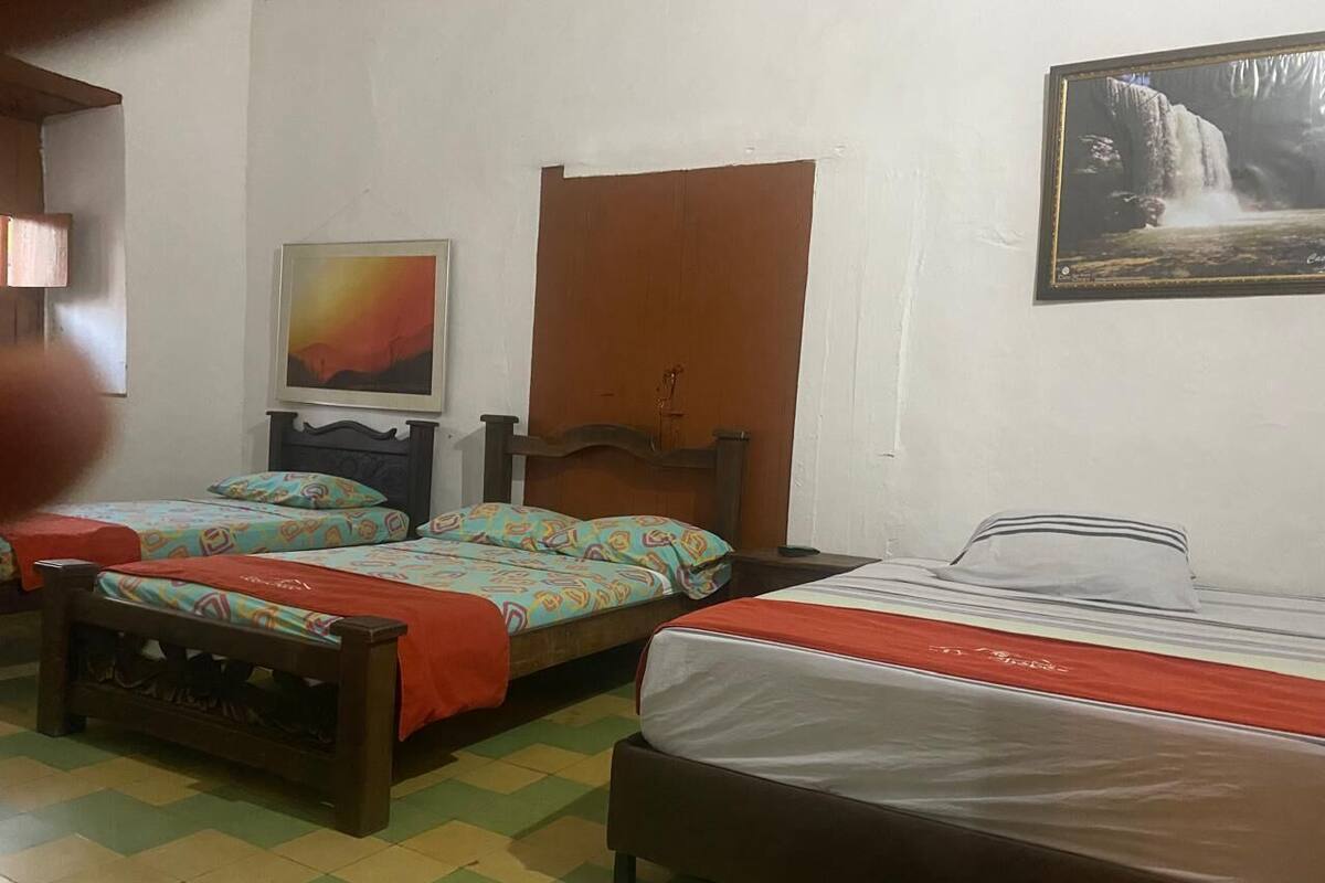 Une chambre avec deux lits, une tête de lit en bois, une porte en bois et un tableau encadré au mur.