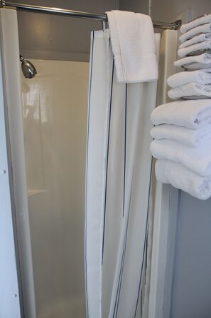 Standard Room, 2 Double Beds | Bathroom | Shower, hair dryer, towels, soap