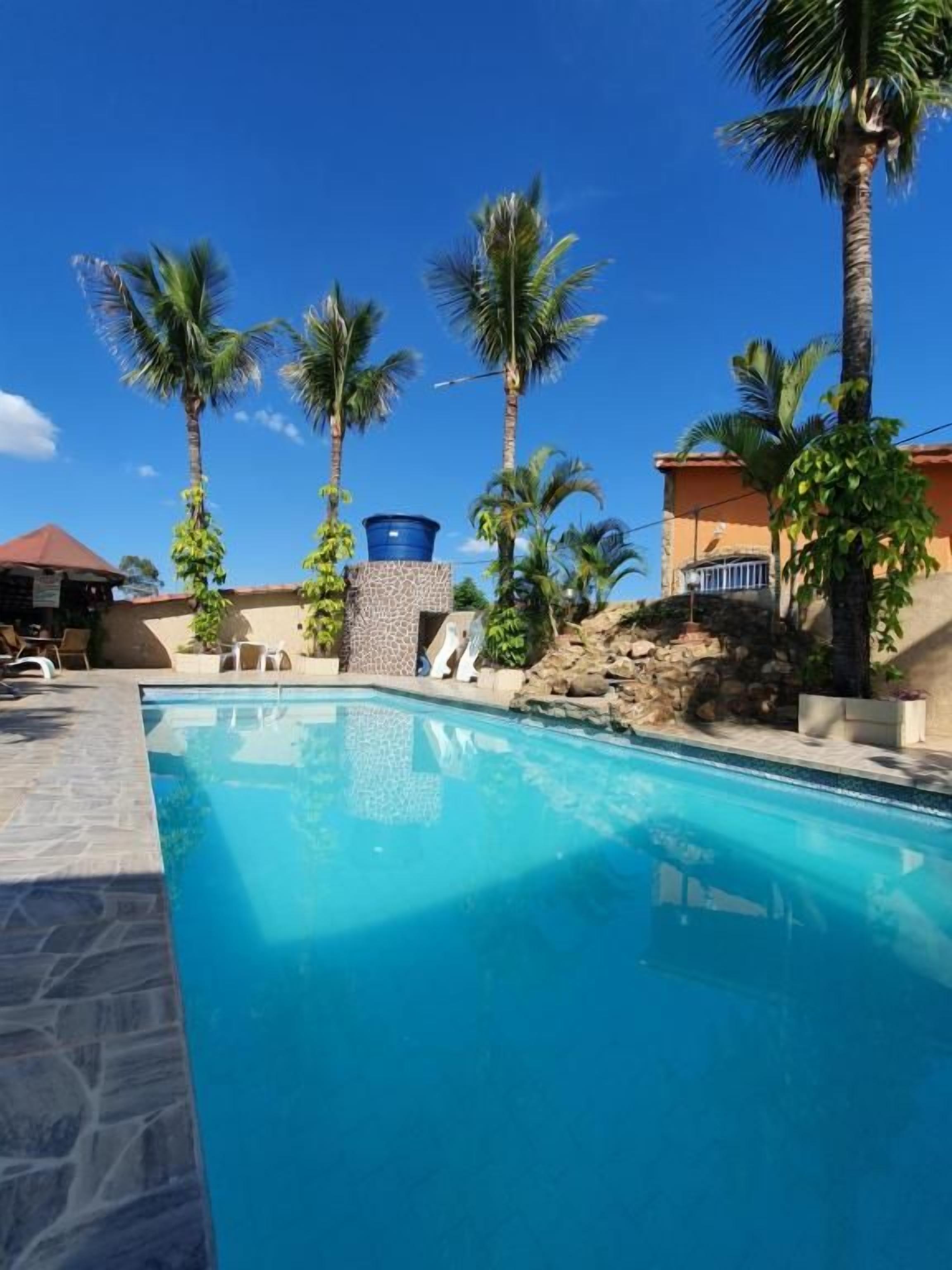 A swimming pool with clear blue water, surrounded by palm trees and a stone wall.