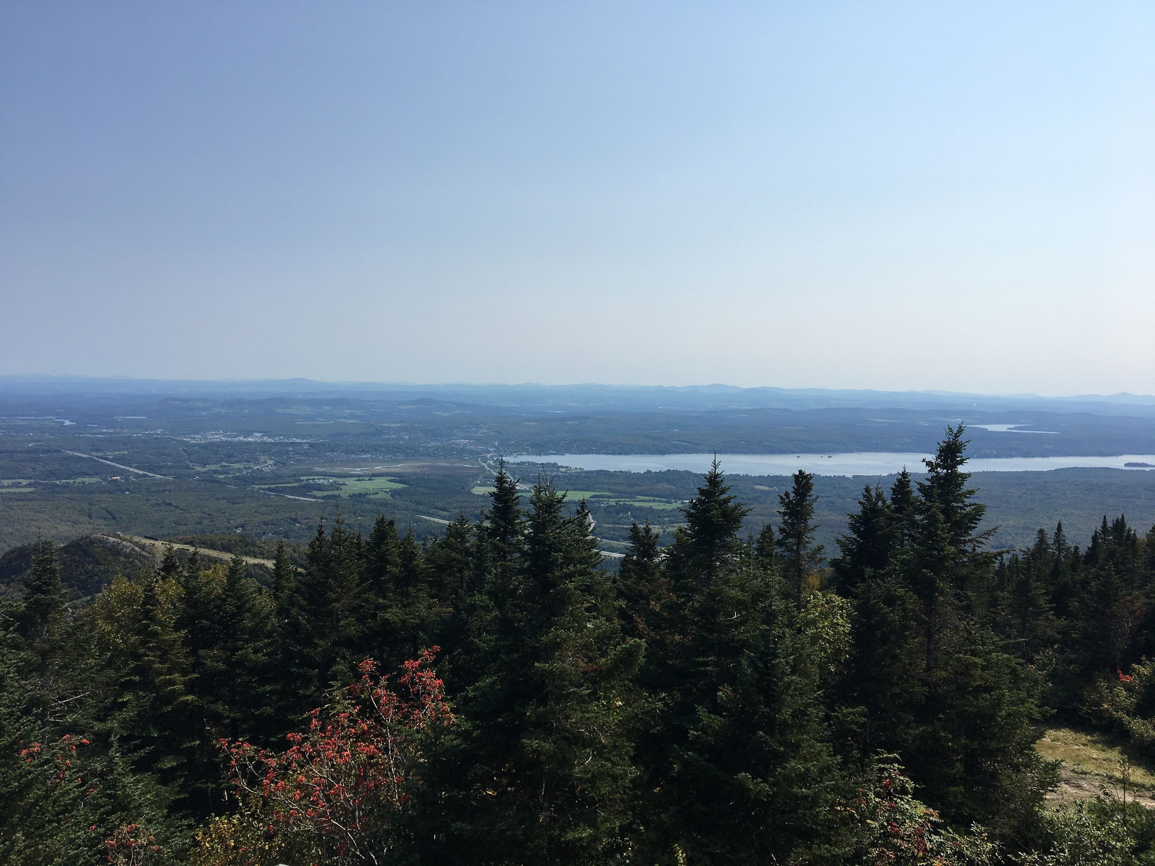 A panoramic view of a mountainous landscape with dense forests and a lake in the distance.