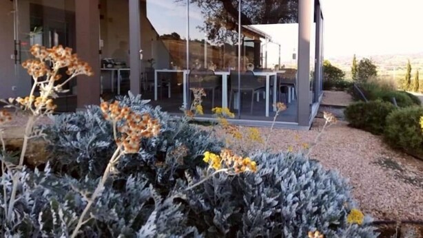 Een modern gebouw met een glazen gevel, een terras buiten en een grindpad.