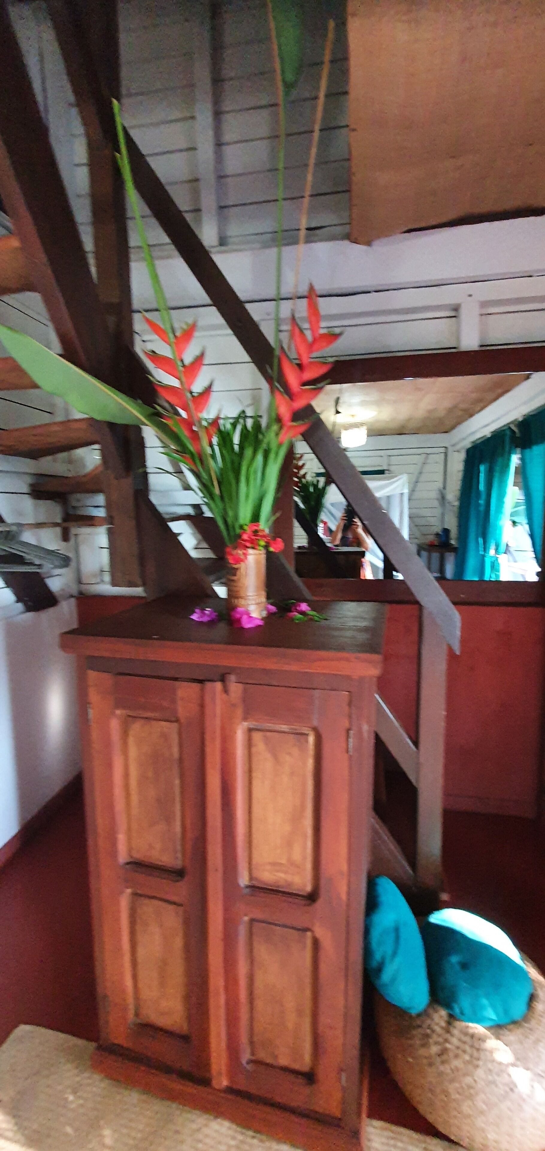 Um armário de madeira com duas portas, uma planta em vaso com flores vermelhas e uma cesta de vime com almofadas azuis.