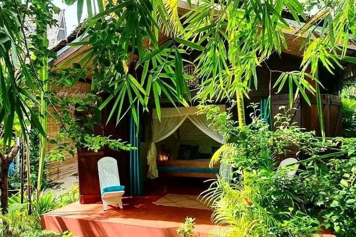 A traditional house with a thatched roof, surrounded by lush greenery and a small garden area.