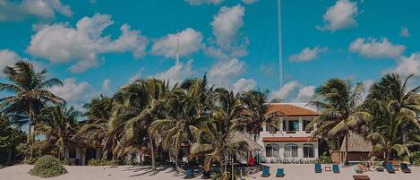 A wooden pier leading to a beach with palm trees and a building in the background.