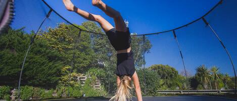 A person performing a handstand on a trampoline surrounded by a safety net, with trees and a clear sky in the background.