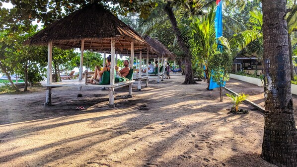 Un pabellón frente a la playa con asientos, rodeado de palmeras y una zona arenosa.
