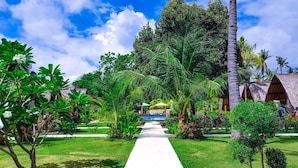 Un sendero que lleva a una piscina rodeada de exuberante vegetación y palmeras.