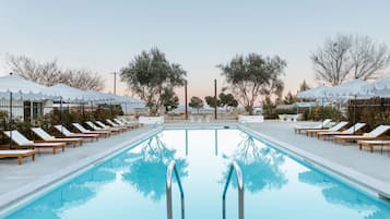 Outdoor pool, pool umbrellas, sun loungers