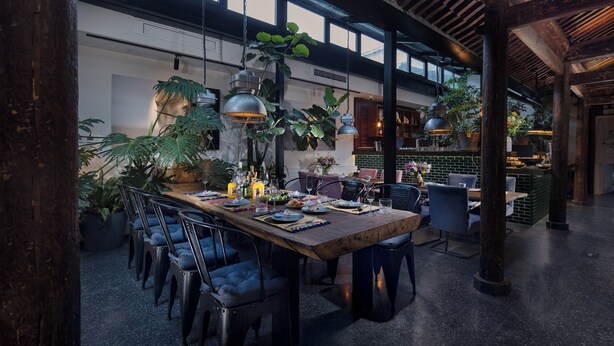 Un espace repas comprenant une longue table en bois, plusieurs chaises, des luminaires suspendus et des plantes en pot.