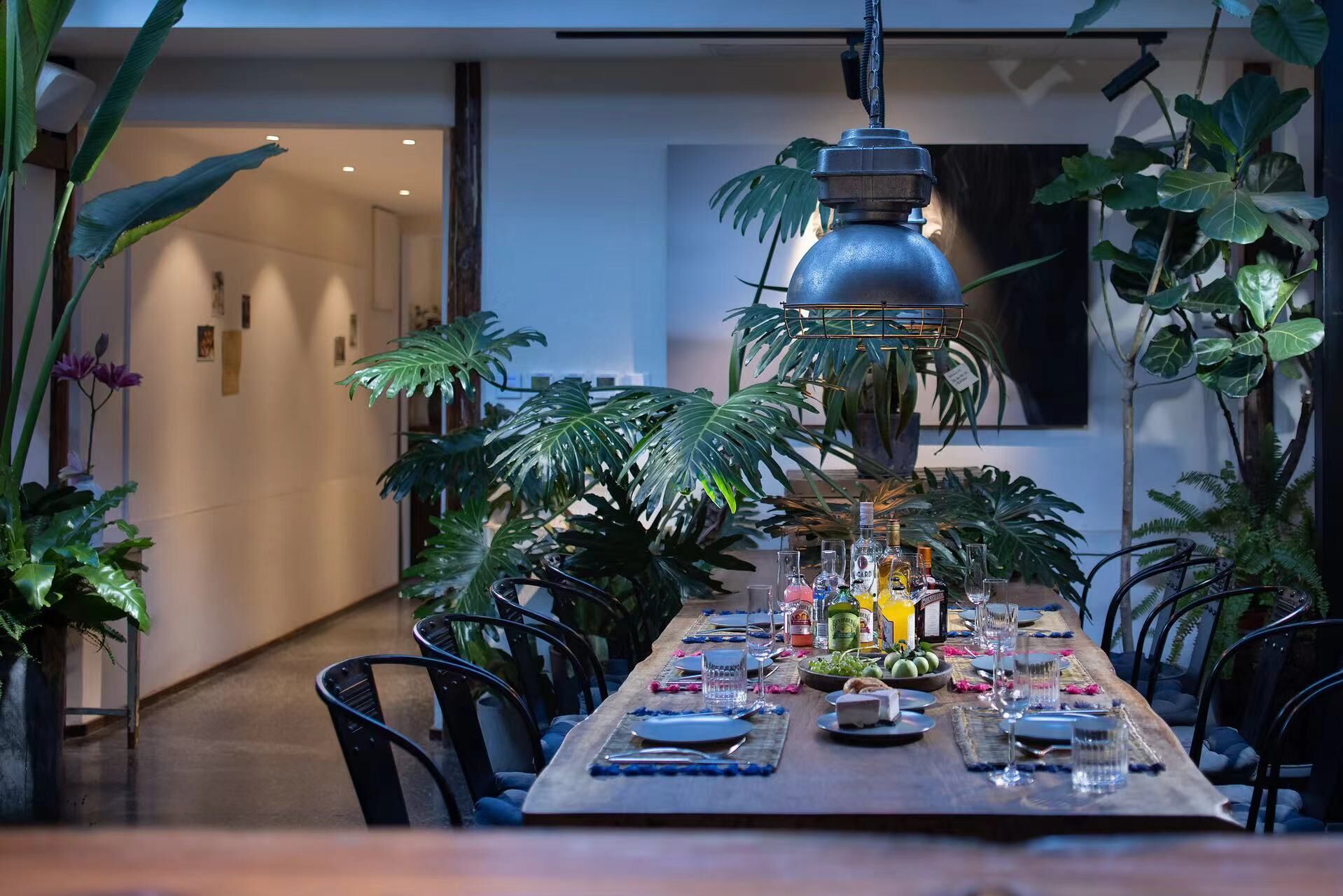 A dining area with a long table set for a meal, surrounded by chairs, and decorated with plants and a hanging light fixture.