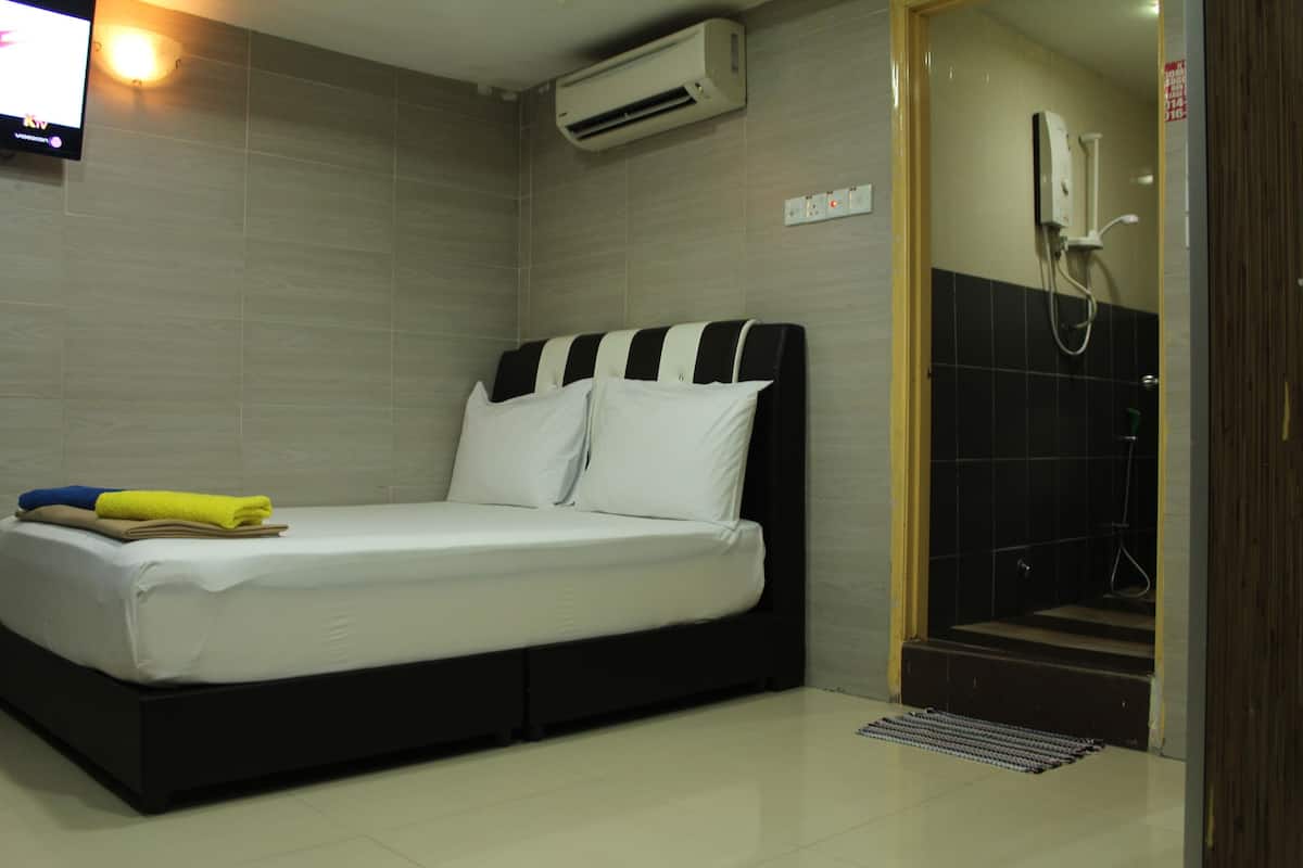 Una habitación de hotel con cama, televisión, aire acondicionado y zona de ducha.