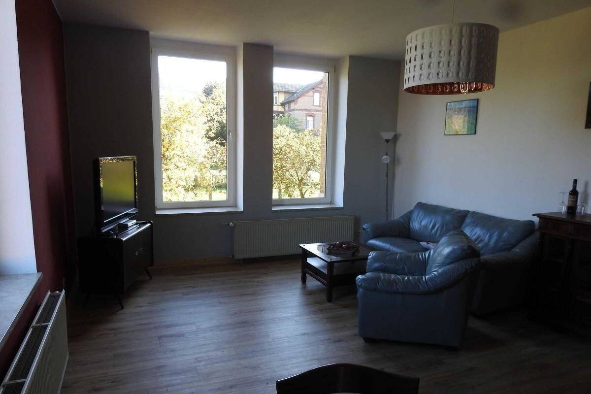 A living room with a blue leather sofa, a television, and a table. There are two windows providing natural light.