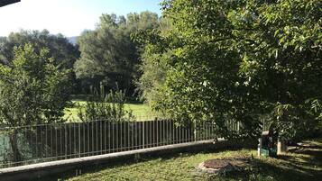 Une zone herbeuse délimitée par une clôture métallique, avec des arbres et un champ verdoyant en arrière-plan.