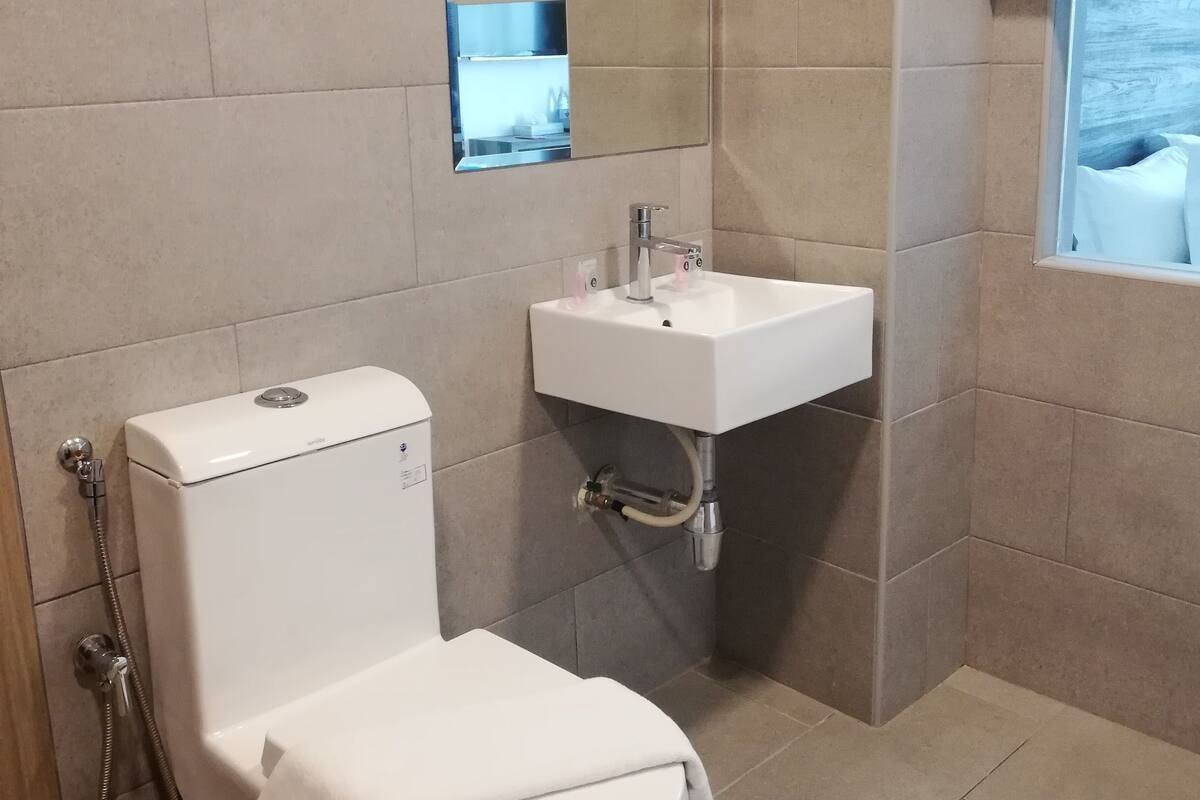 Shower, hair dryer, bidet, towels