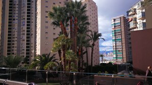 A high-rise building with multiple balconies and a palm tree in the foreground. - Mont-Park Hotel (Benidorm)