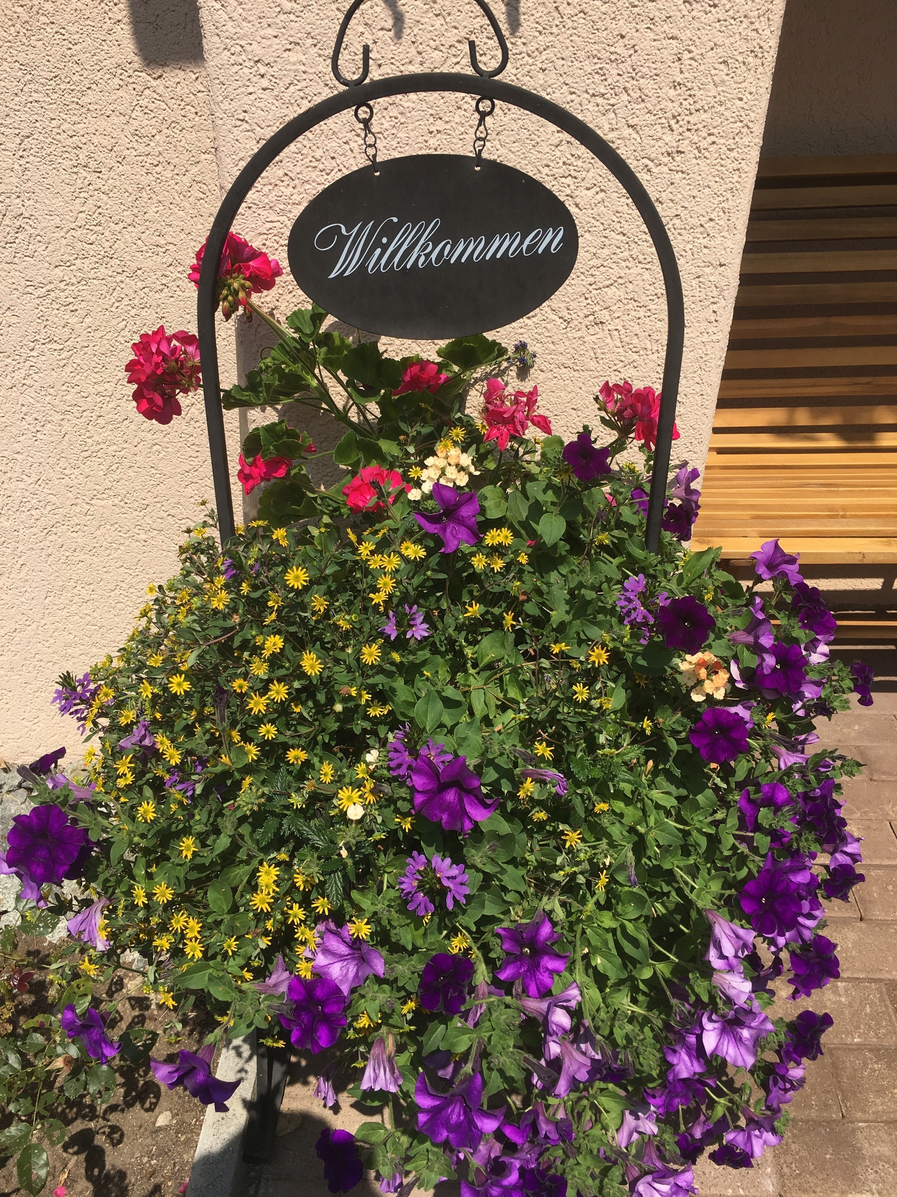 Welkomstbord boven een bloembed met diverse bloemen.