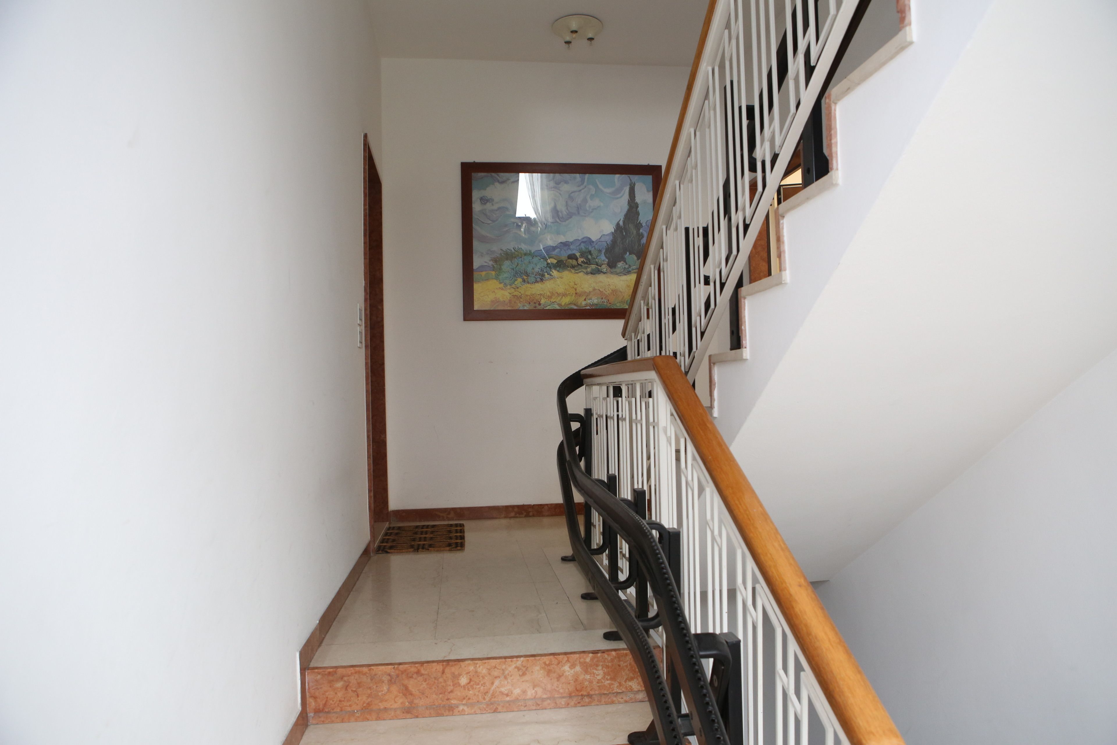 A staircase with a handrail, a picture on the wall, and a door at the top.
