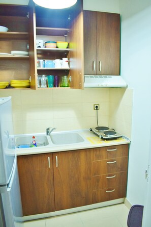 Classic Apartment | Private kitchen | Full-size fridge, stovetop, electric kettle, cookware/dishes/utensils - Apartment Nakis (Volvi)