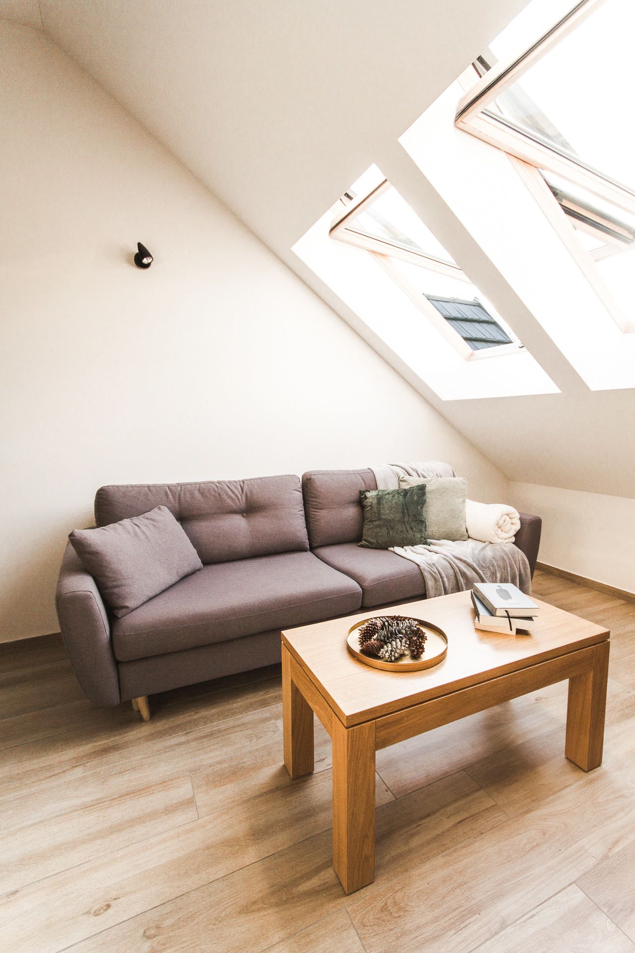 Ein modernes Wohnzimmer mit einem grauen Sofa, einem Holztisch und einem Oberlicht.
