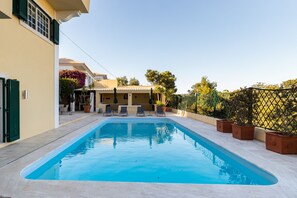 Outdoor pool, pool umbrellas, pool loungers