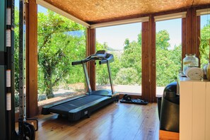 A room with a treadmill, wooden flooring, large windows, and a view of greenery outside.