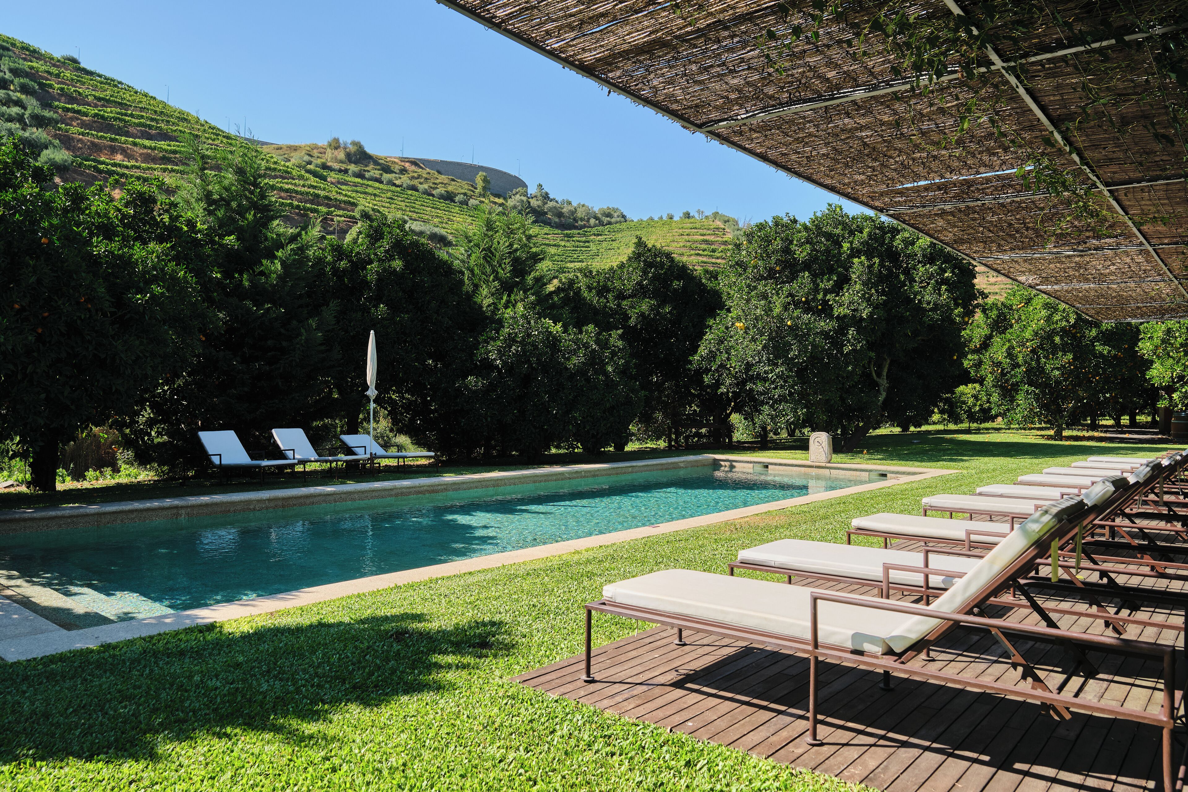 Un área de piscina con sillones de descanso y una pérgola.