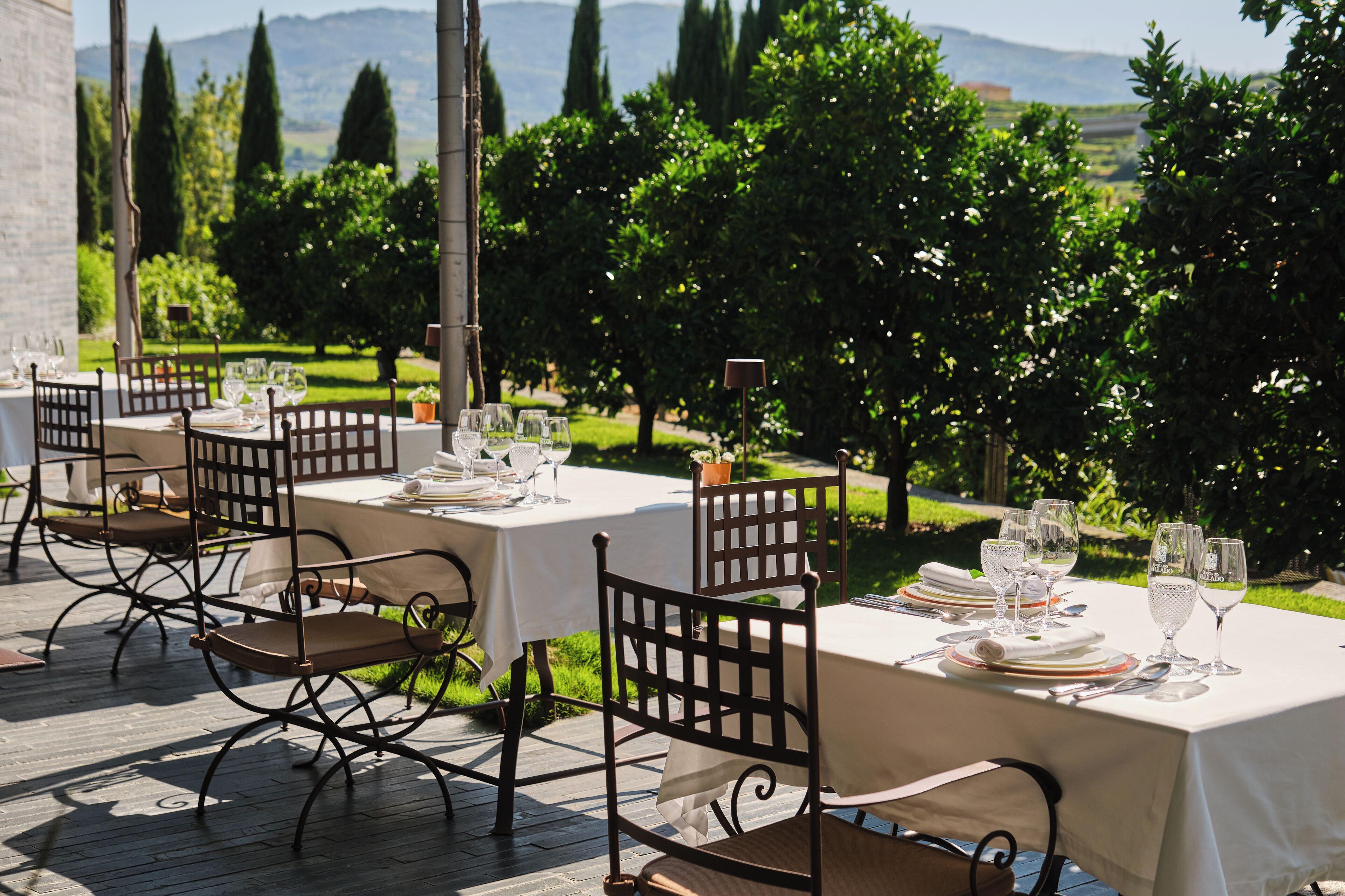 An outdoor dining area with tables set for a meal, surrounded by greenery and a mountainous backdrop.