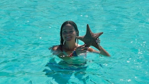 Una persona sosteniendo una estrella de mar en agua azul cristalina.