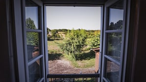 Uitzicht vanuit een raam met een metalen balustrade, over een landelijk landschap met bomen en velden.