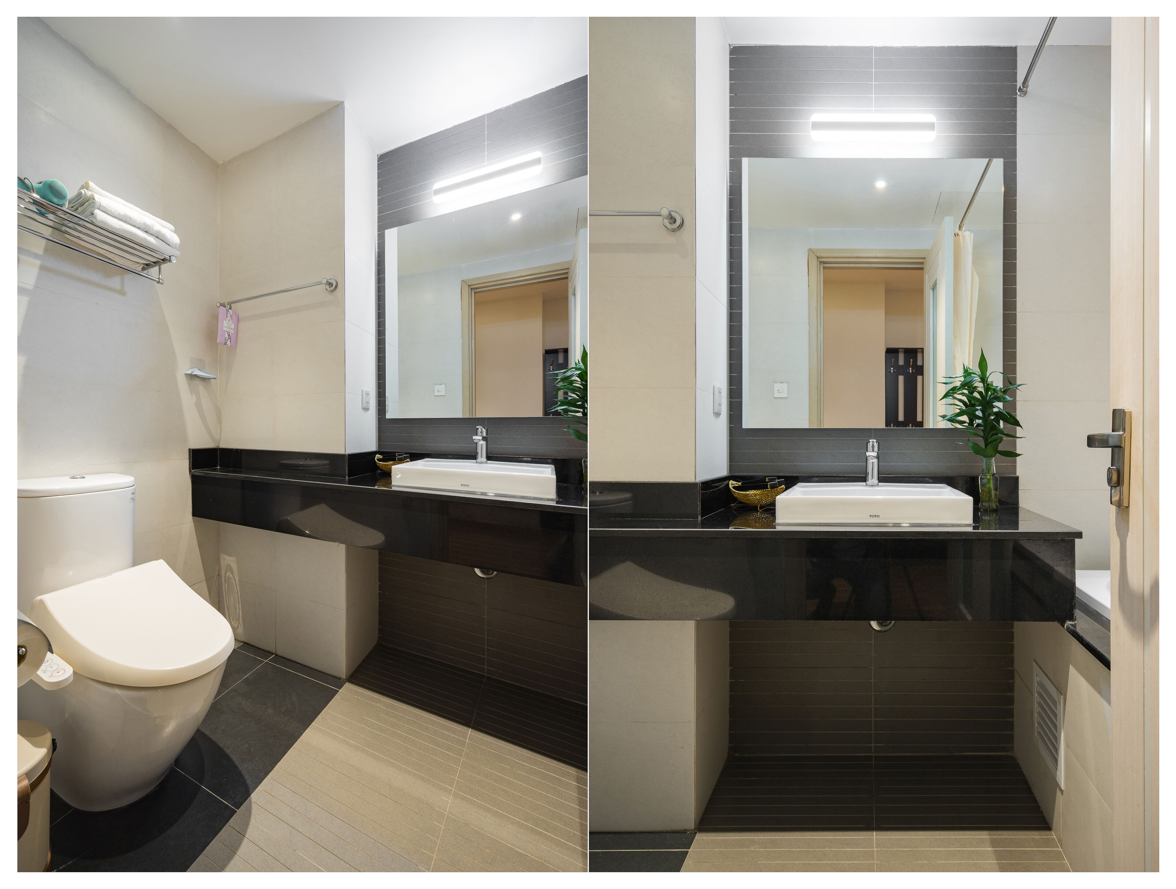 Une salle de bain moderne avec des toilettes, un lavabo et un miroir.