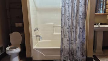 A bathroom with a toilet, a bathtub, and a shower curtain.