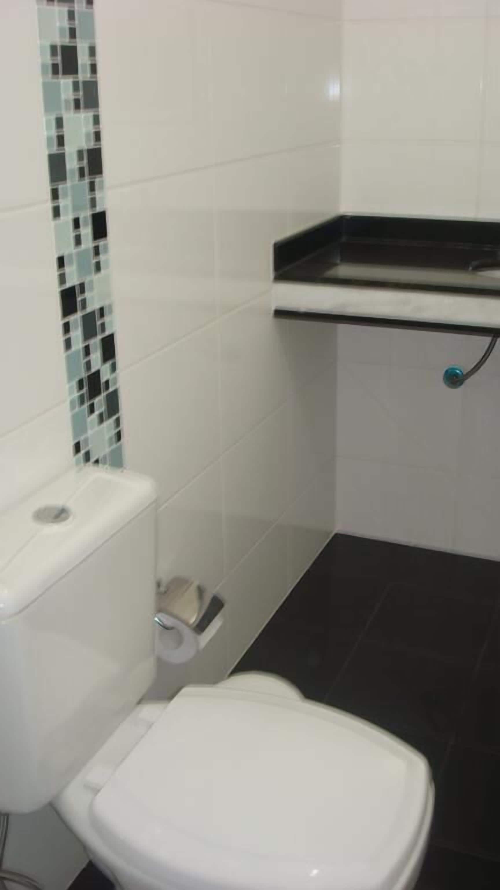A bathroom with a white toilet, a black sink, and a tiled wall with a mosaic pattern.