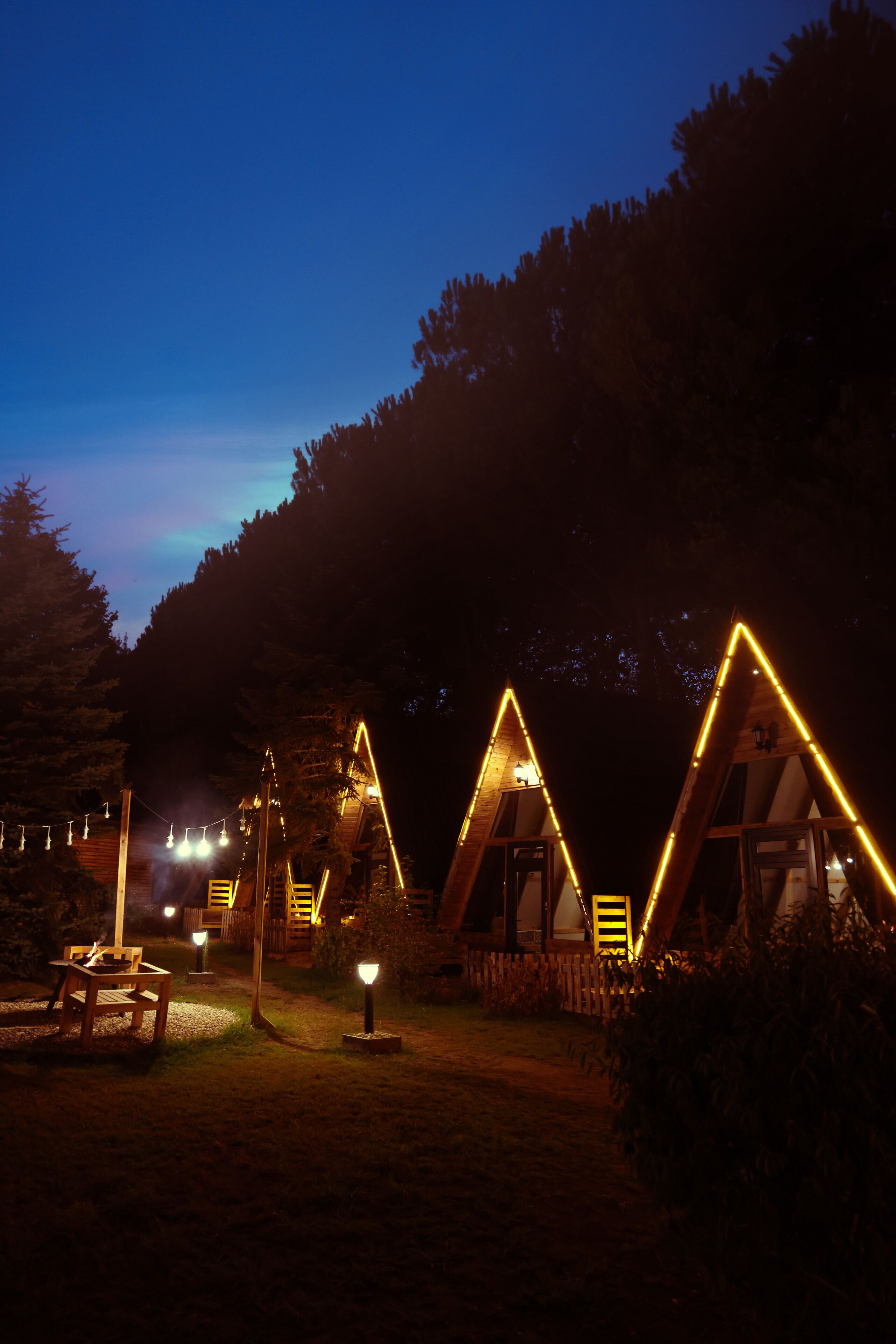 A campsite with triangular tents illuminated by string lights, surrounded by trees and a picnic table.