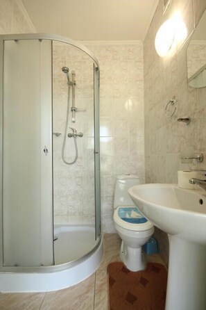 Une salle de bain avec une douche à parois de verre, des toilettes et un lavabo.