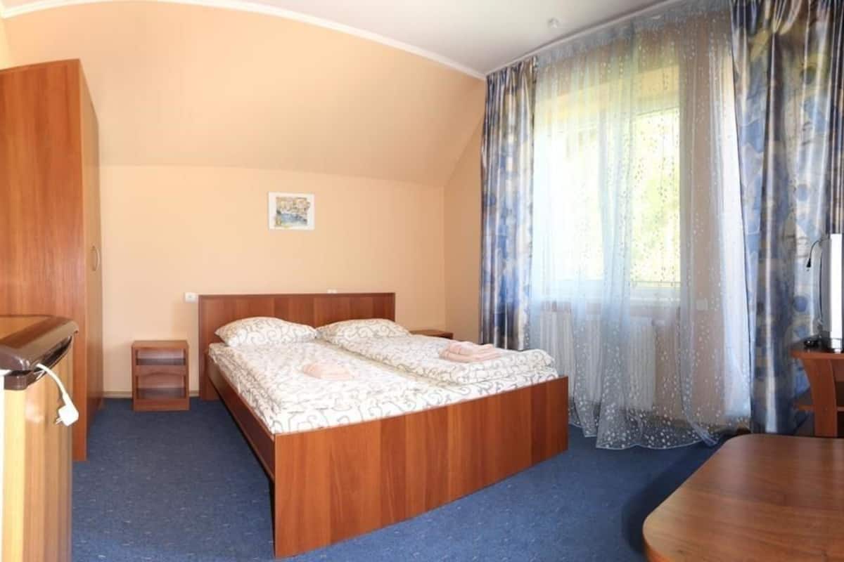 A bedroom with a wooden bed, a small bedside table, a desk with a chair, and a television.