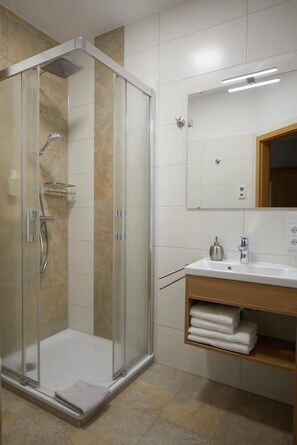 Douche, sèche-cheveux, serviettes fournies, papier toilette