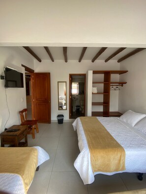 Un dormitorio con dos camas, una silla de madera, un escritorio, un televisor montado en la pared y un espejo.