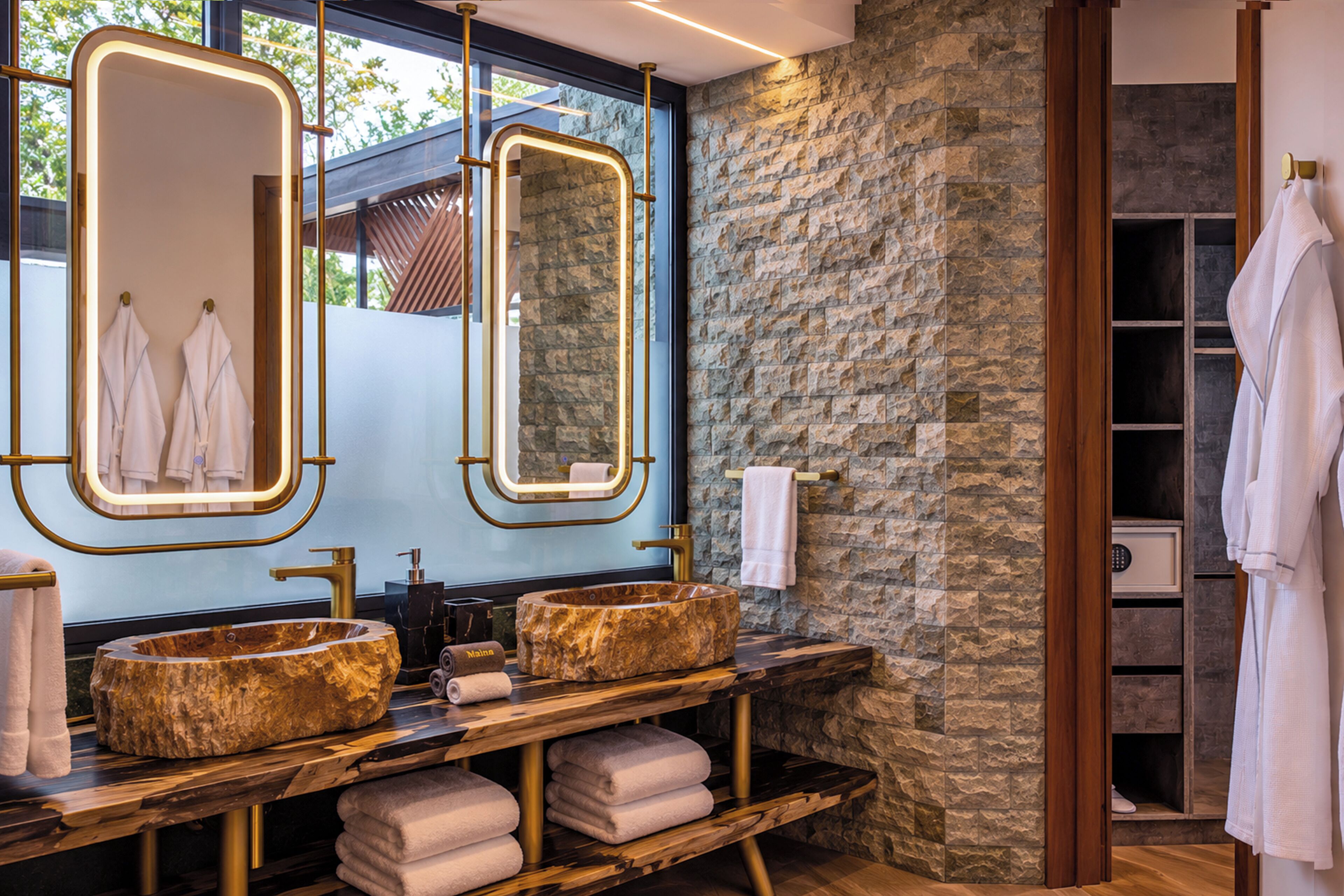 A bathroom with two sinks, a large mirror, and a stone wall.
