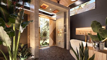 Riverside Hideaway Villa | Bathroom | Shower, rainfall showerhead, hair dryer, towels