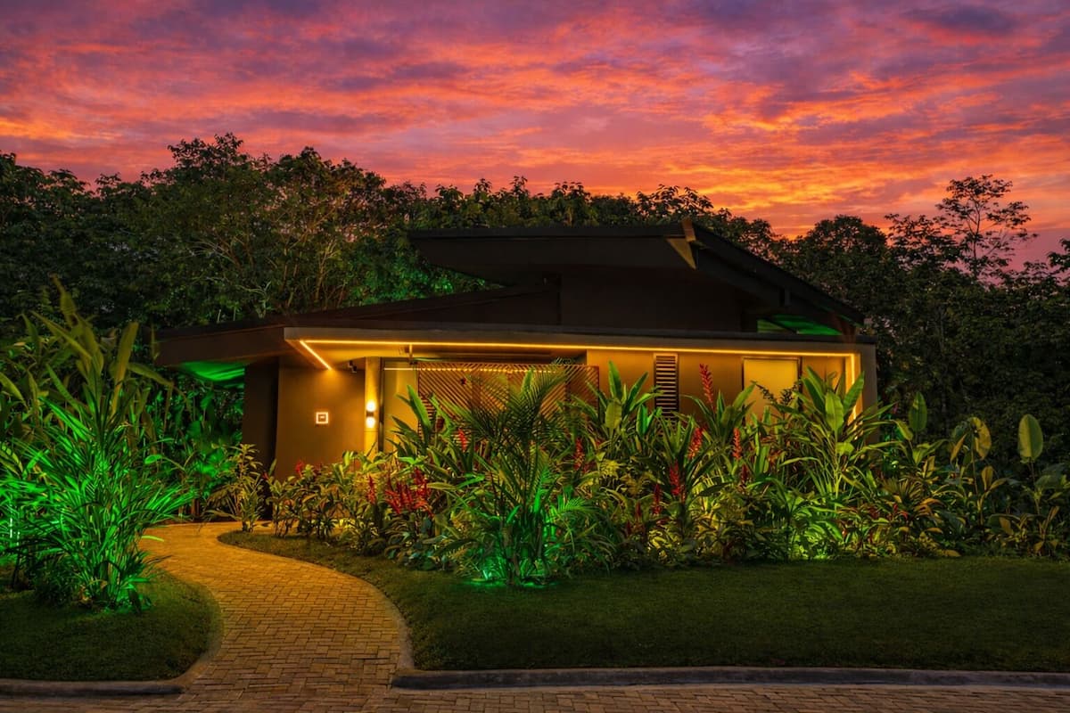 A modern house with a brick pathway leading to the entrance, surrounded by lush tropical plants and a sunset sky.